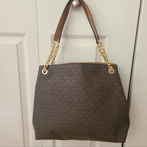 Michael Kors Chain Tote Bag – NWT Brown MK Logo Gold Hardware Shoulder Purse - Picture 3 of 12